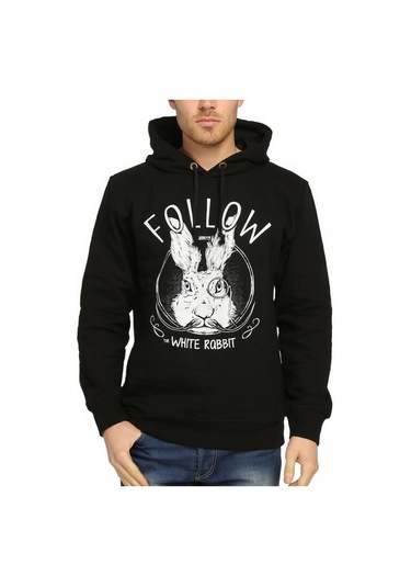 Bant Giyim - White Rabbit Siyah Kapüşonlu Erkek Sweatshirt
