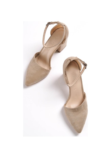 Flora Bej Süet Bilekten Bantlı Topuklu Ayakkabı