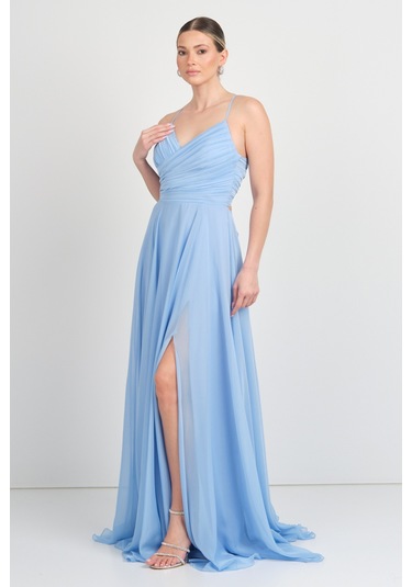 Doridorca Kadın Sırt Dekolteli Fiyonklu Drapeli V Yaka Abiye Elbise 6128 Bebe Mavisi Bebe Mavisi