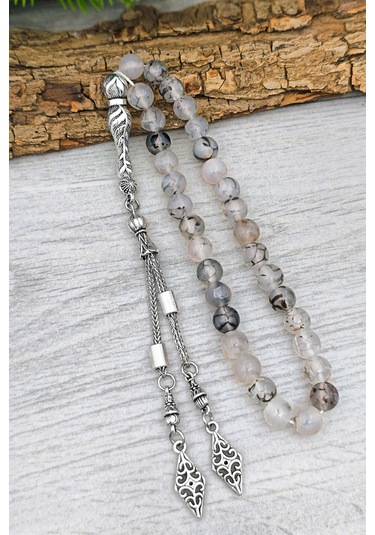 Beyaz Akik Tesbih Ve Bileklik Erkek Doğal Taş Set Bt052 Beyaz - Siyah