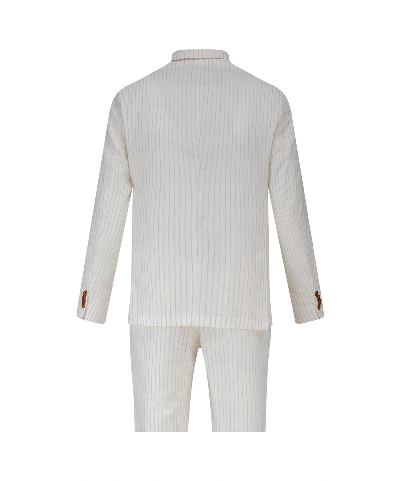 Ekru Comfort Fit Çizgili Mono Yaka Keten Takım Elbise Ekru