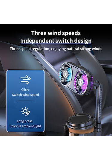 Reedark 360 Dönebilen Çift Başlıklı Araç Fanı - 3 Hız Ayarlı, Renkli Led Işıklı, 12v/24v Usb Şarjlı Otomobil Soğutucu