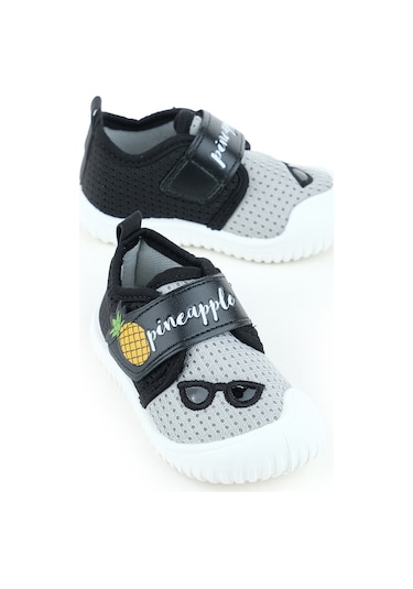 Gezer Yazlık Keten Bebe Erkek Ayakkabı Gri-siyah
