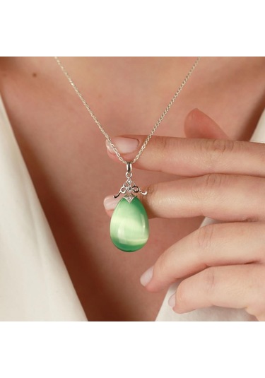 Kedi Gözü Taşlı Damla Model Gümüş Set Gümüş