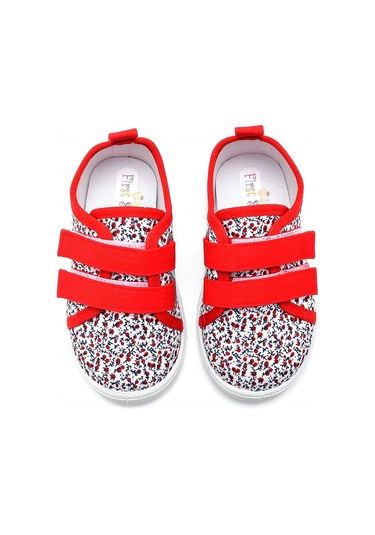 Çiçek Desenli Çift Cırtlı Keten Spor Çocuk Ayakkabısı-kırmızı-f-498 Kırmızı