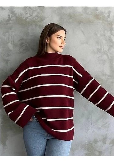 Çizgili İspanyol Kol Triko Boğazlı Kazak Bordo Elf Bordo