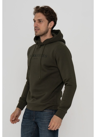 Jack & Jones Erkek Logo Baskili Kapüsonlu Sweatshirt - Luke 12214639 Forest Night Bej