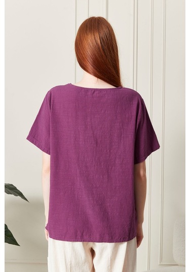 Keten Gökkuşağı Asimetrik Kesim Bluz Renkli Ve Şık Tasarım Mürdüm