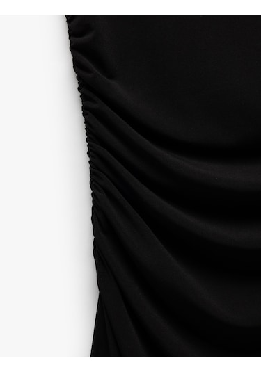 Koton Hafif Dik Yaka Kolsuz Drapeli Slim Fit Midi Kalem Elbise Siyah 5sak80023ek