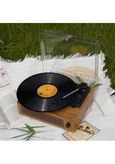 Omix Fm-108 Açık Kahverengi Hoparlörlü Bluetoothlu Pikap Plak Çalar Kahverengi