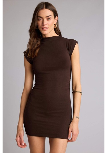 Defacto Bodycon Vücudu Saran Ribana Mini Elbise H5756ax26spbn609 Kahve-bn609