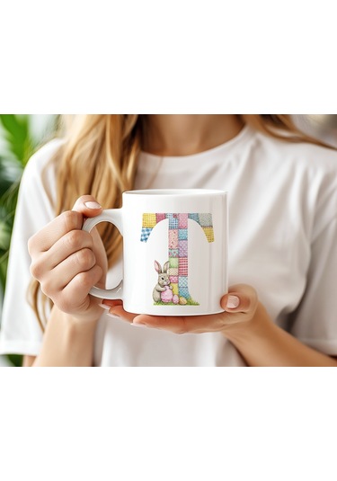 T Harfli Tavşan Kupa - Patchwork / Yamalı Desenli İsme Özel Kupa - Pastel Vintage Tarz Hediyelik Beyaz