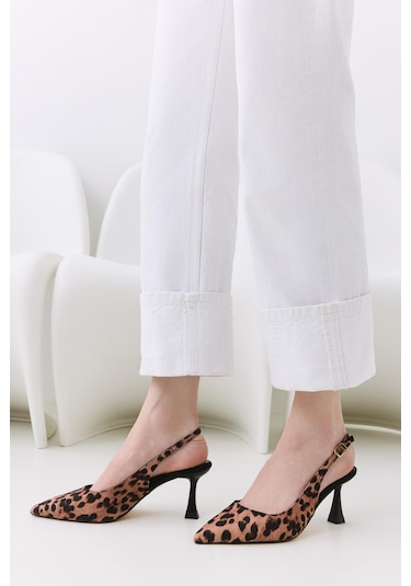 Kadın Taba Leopar Desenli Ayarlanabilir Tokalı Stiletto Taba