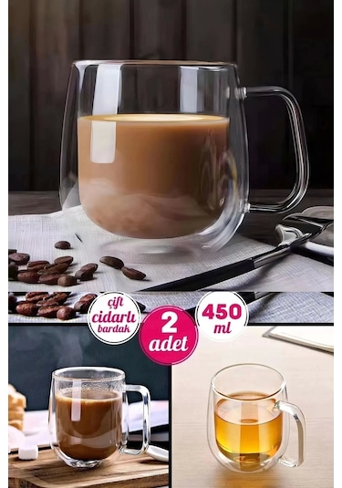 2'li Çift Cidarlı Cam Kupa Bardak 450 Ml Fincanı Çift Katlı Ev Ofis