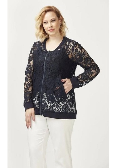 4030 Dantel Fermuarlı Büyük Beden Ceket Lacivert