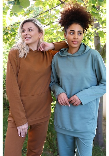 Akbeniz Kadın Pamuk Kapşonlu Cepli 3 İplik Kahve Eşofman Takım 9037-kahve Kahve