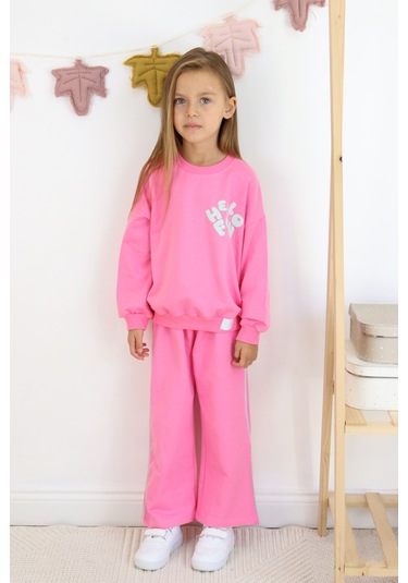 Kız Çocuk Hello Fun Baskılı İspanyol Paça İki İplik Eşofman Takımı Koyu Pembe