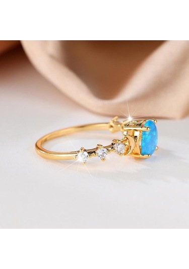 Dancemonkey Yüzük Retro Oval Opal Nişan Küçük Kadın Alyansı Beyaz&mavi Ay Desenli 6 Jg Şık Zarif Takı Modelleri Çok Renkli