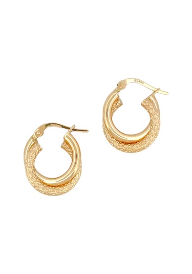 Altın Nesil - 14 Ayar Altın Kumlu Çift Halka Yuvarlak Küpe Altın - Beyaz Altın