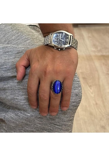 925 Ayar Gümüş Yüzük - Gül Desenli Yüzük - Erkekler İçin Yapay Taş Yüzük - El Yapımı Yüzük Yapay Lacivert Kedigözü Gümüş
