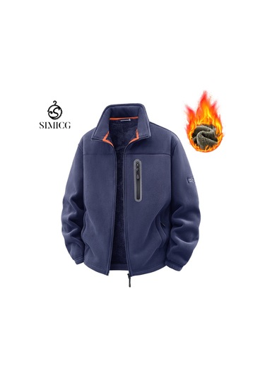 Erkek Çift Taraflı Polar Ceket, Sonbahar/kış Rüzgar Geçirmez Sıcak Açık Hava Sporları Dik Yaka Ceket Mavi