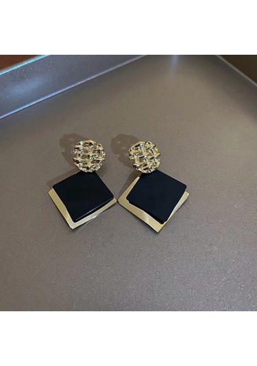 Samdoo Geometrik Kare Desenli, Siyah Email Ve Altın Kaplama, Çift Katlı, Dayanıklı Alaşım, 4.5x3.4 Cm, S925 Gümüş İğne, Modern Retro Küpe Gold