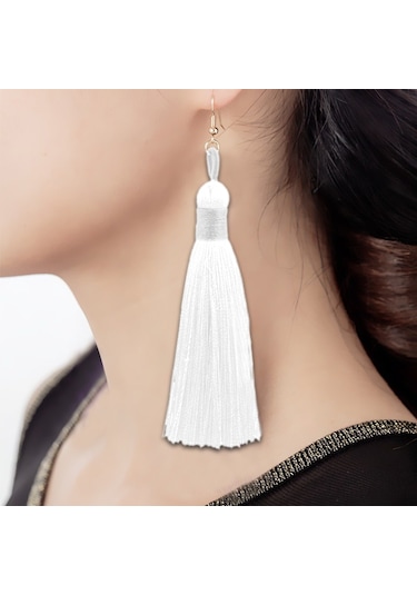3 Çift Kadın Boho Moda Uzun Püskül Küpe Beyaz
