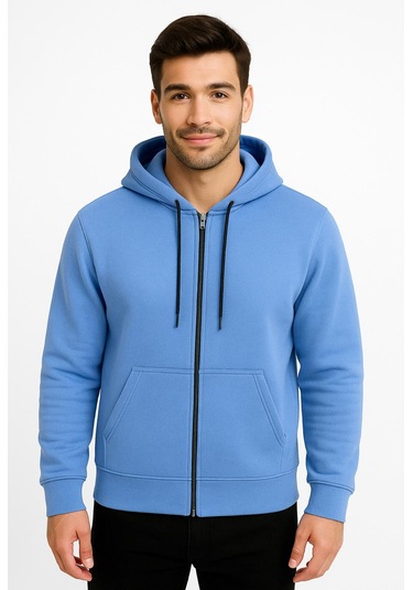Axxel Erkek Mavi Fermuarlı Kapüşonlu Sweatshirt 3 İplik Şardonlu-w590 Mavi