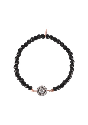 Zirkon Taşlı Pırlanta Montür Rose Altın Kaplama Siyah Boncuklu Desenli Gümüş Strech Bileklik Rose