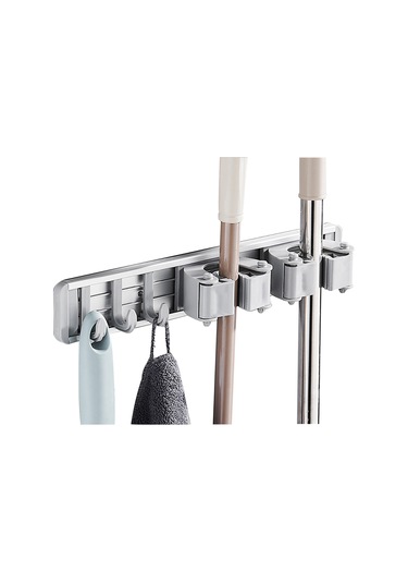 Suofeng 3 Kanca 30cm Gri Uzay Alüminyum Süpürge Tutucu - Delme/delmesiz Montaj, Taşma Kapasitesi 12kg, Mutfak/banyo Uygun Gri