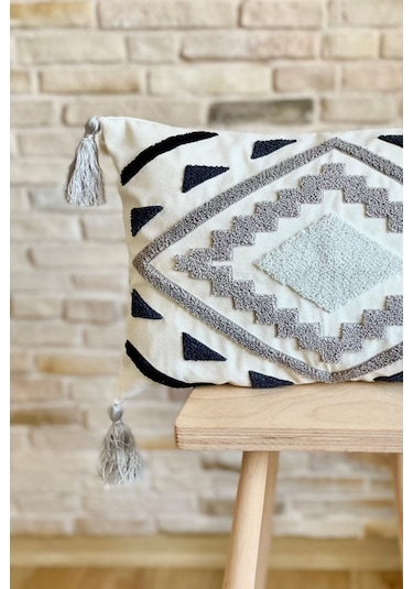 Swita Home Punch İşlemeli Tekli Dekoratif Özel Tasarım Kırlent Kılıfı Panç Koyu Gri