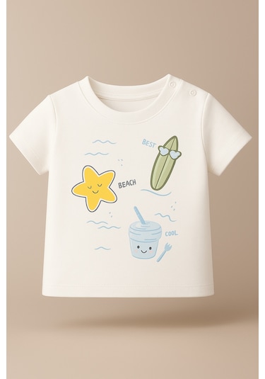 %100 Pamuklu Best Beach Team T-shirt Ekru