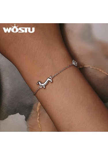 Wostu 925 Ayar Gümüş Sevimli Dachshund Köpek Charm Bilezik Kadınlar İçin Orijinal Ayarlanabilir Hayvan Pet Paw Bağlantı Aile Hediye Takı Gümüş