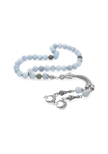 Tesbihane Kararmaz Metal Ayyıldız Püsküllü Küre Kesim Aquamarin Doğaltaş Tesbih