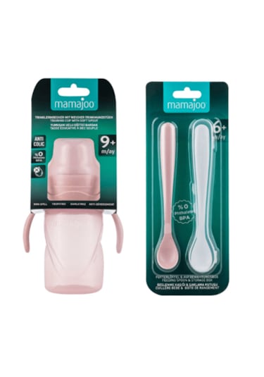 Mamajoo Eğitici Bardak 270 Ml & İkili Beslenme Kaşığı/powder Pink Açık Pembe