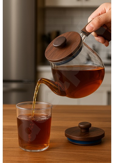 Akasya Kapaklı Ve Saplı Yuvarlak Cam Demlik - Isıya Dayanıklı - Cam Demlikli - Akasya Kapaklı Cam