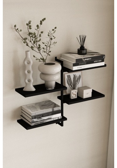 Aju 4 Katlı Duvar Rafı Metal Çerçeveli Dekoratif Kitaplık Ve Raf Ünitesi Modern Ve Minimalistt Siyah