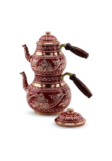 Kırmızı Seramik Boya Kaplama Gül Çiçek Bakır Çaydanlık Bakır