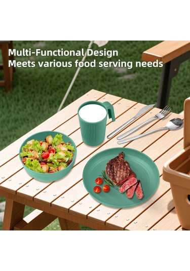 Neevoyu "taşınabilir Buğday Sapı Kamp Yemek Takımı: Kase, Tabak, Bardak Ve Çelik Çatal-bıçak Seti" Mavi