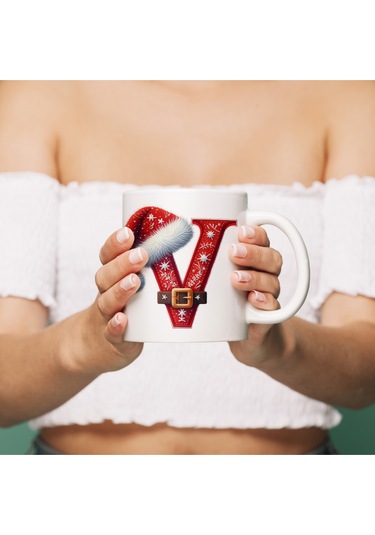 V Harfi Yılbaşı Temalı Bardak 330 Ml Harfli Kişiye Özel Hediye - Yeniyıl / Noel Şapka Tasarım Beyaz