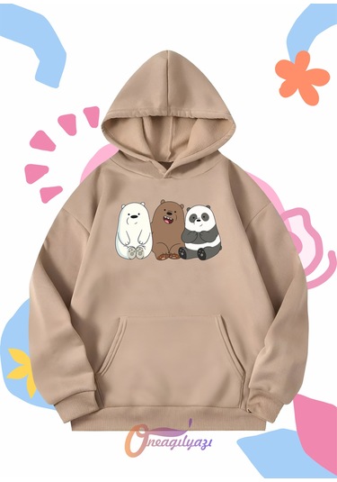 Çocuk Unisex Ayıcıklar Baskılı Oversize Kapüşönlü Sweatshirt Bej