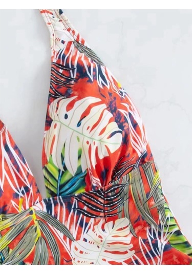 Mayo Kadın Bölünmüş Üçgen Dantel Katı Yaprak Baskılı Bikini Mayo Turuncu