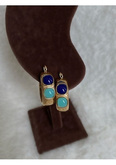 Turkuaz - Mavi Mineli Halka Gold Çelik Kararmaz Küpe Çifti Altın