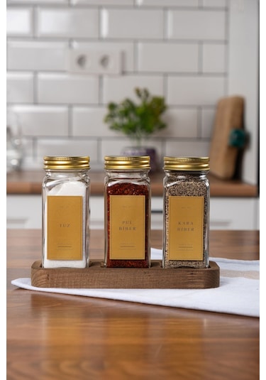 Mienda Home 3'lü Ahşap Standlı Cam Baharatlık Seti Gold Kapaklı Etiketli Baharatlık Takımı Gold - Şeffaf