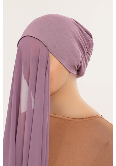 Hazır Pratik Lüks Geçmeli Lastikli Boneli Şifon Şal Açık Maron