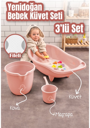 Vienev 3Lü Set Fileli Yenidoğan Küvet Seti Pembe