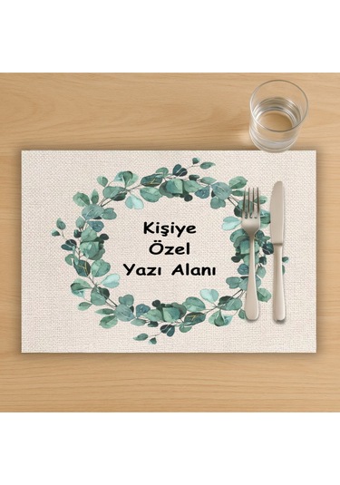 Kişiye Özel Çelenkli Yazılı Mesajlı Amerikan Servis, Tabak Altlığı & Ev Hediyesi, 2 Adet Krem