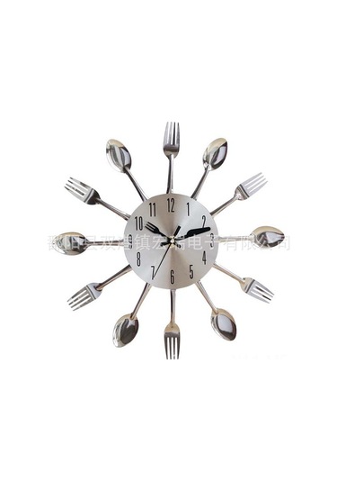 Mufunye Gümüş Renkli Paslanmaz Çelik Yemek Takımı Duvar Saati - Restoran İçin Sessiz Fonksiyonel Dekoratif Saat Gümüş