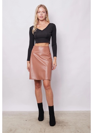 Kadın Hafif Likralı Deri Yüksek Bel Diz Boy Çan Etek-camel CAMEL