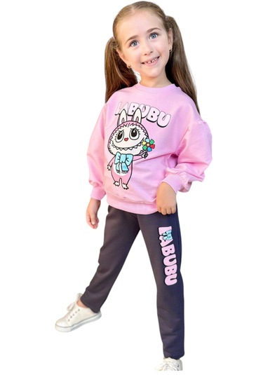 Kız Çocuk Labubu Resim Yazılı Pembe Eşofman Takımı Pembe
